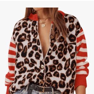 Amazon Leopard Print Cardigan with Red Stripes